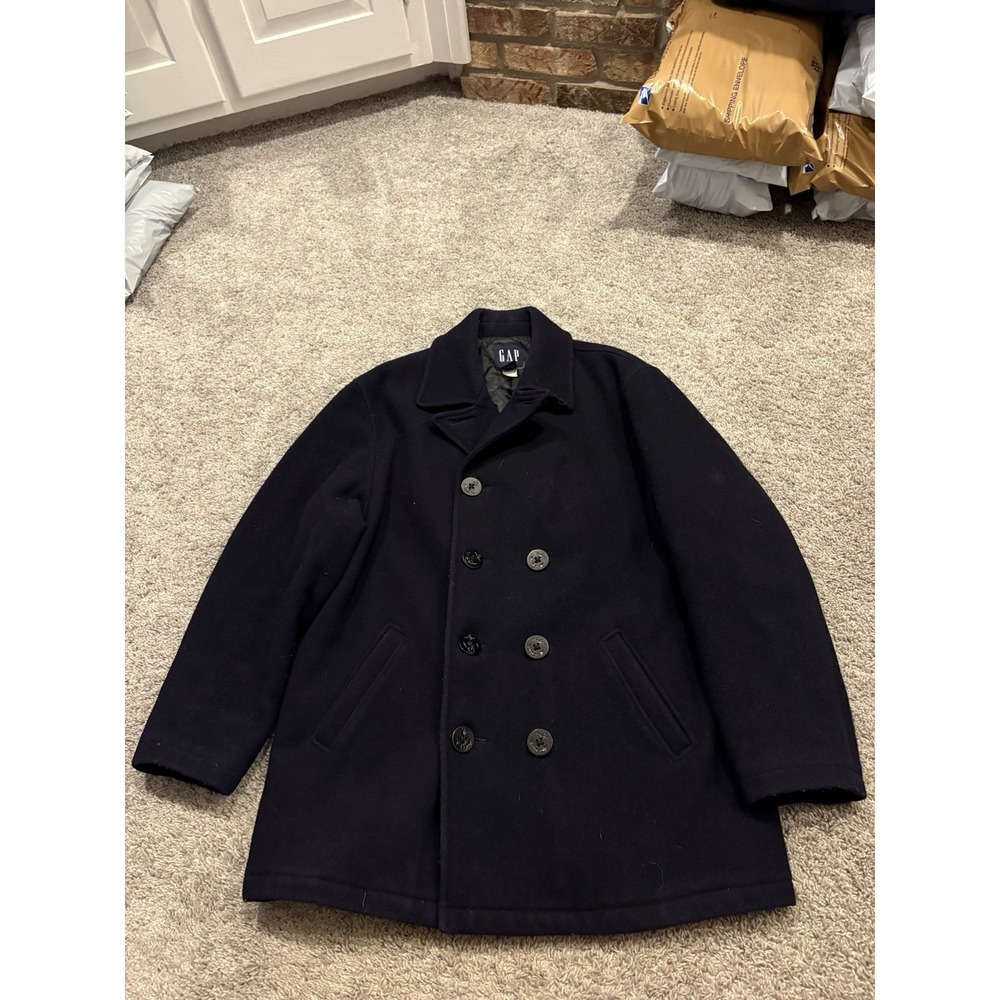 GAP Peacoat Jacket Mens Large Navy Naval Double Breasted Military Anchor Buttons